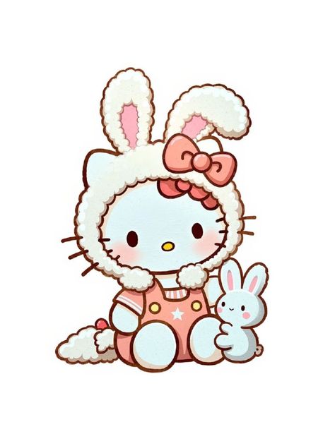Hello Kitty con un dulce disfraz de conejita, lazo rosa y un pequeño conejo de peluche